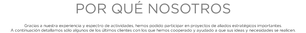 POR QUÉ NOSOTROS Gracias a nuestra experiencia y espectro de actividades, hemos podido participar en proyectos de aliados estratégicos importantes. A continuación detallamos sólo algunos de los últimos clientes con los que hemos cooperado y ayudado a que sus ideas y necesidades se realicen.
