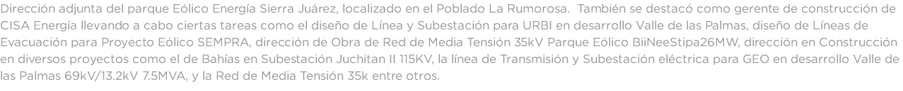 Dirección adjunta del parque Eólico Energía Sierra Juárez, localizado en el Poblado La Rumorosa. También se destacó como gerente de construcción de CISA Energía llevando a cabo ciertas tareas como el diseño de Línea y Subestación para URBI en desarrollo Valle de las Palmas, diseño de Líneas de Evacuación para Proyecto Eólico SEMPRA, dirección de Obra de Red de Media Tensión 35kV Parque Eólico BiiNeeStipa26MW, dirección en Construcción en diversos proyectos como el de Bahías en Subestación Juchitan II 115KV, la línea de Transmisión y Subestación eléctrica para GEO en desarrollo Valle de las Palmas 69kV/13.2kV 7.5MVA, y la Red de Media Tensión 35k entre otros.